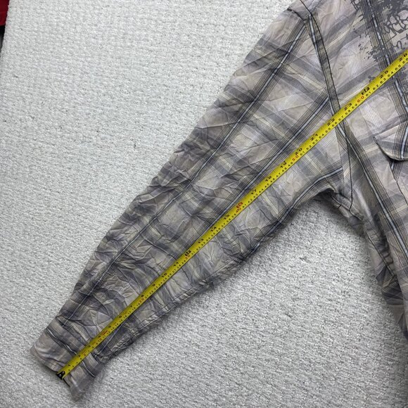 Y2K Manfred Plaid Button Up Shirt Goth Punk Doodle Script Graphic AOP Mens L - Picture 9 of 13